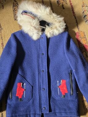Vintage Wool Navy Blue Hooded Coat with Faux-Fur Trim